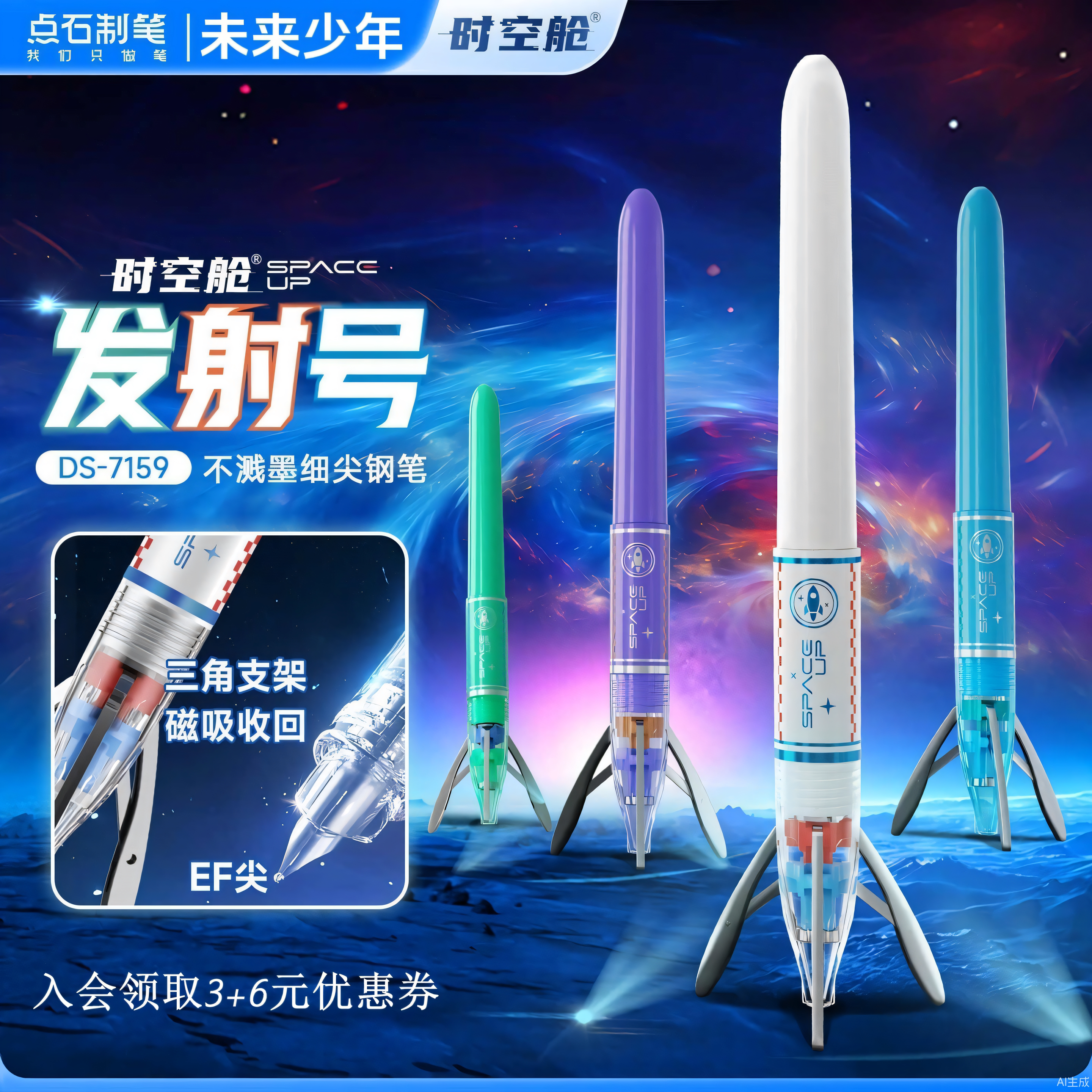 【新品】点石时空舱发射号不溅墨细尖钢笔科技感炫酷EF尖0.38可