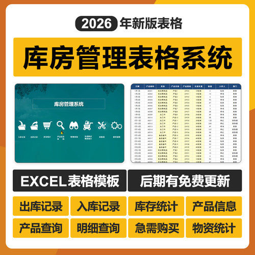 2026年仓库房管理excel表格系统进销存商品采购明细统计出入库存