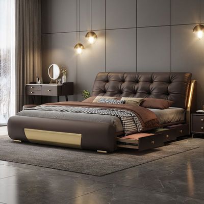 2025新款意式轻奢真皮大床现代简约带夜灯豪华主卧双人婚床储物床