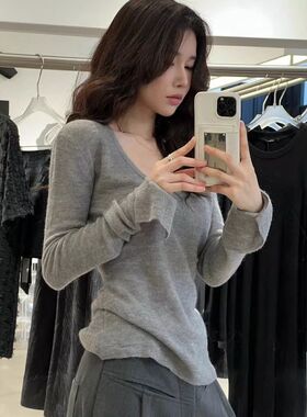韩系灰色针织衫女早春2025新款设计感上衣修身长袖内搭低领打底衫