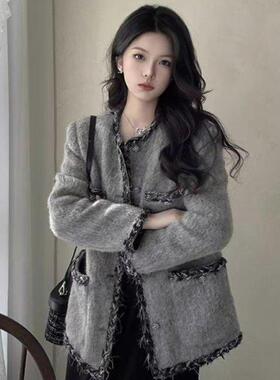 大码胖mm气质名媛小香风灰色外套女秋冬法式高级感毛呢上衣200斤