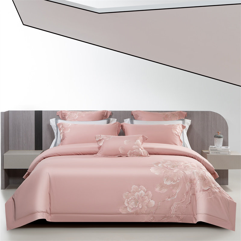 田园全棉床上四件套纯棉粉红色刺绣被罩床单长绒棉结婚床品高级感