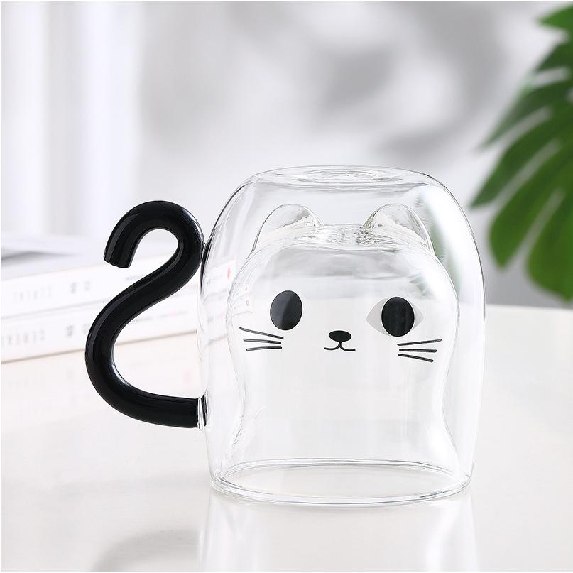 卡通小猫水杯带把手透明耐热玻璃饮料喝水杯子双层隔热牛奶咖啡杯