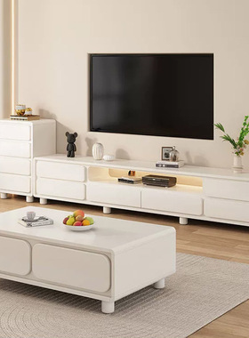 圆角新款奶油风实木电视柜简约现代茶几客厅家用小户型储物陈列柜