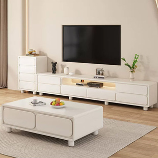 圆角新款奶油风实木电视柜简约现代茶几客厅家用小户型储物陈列柜