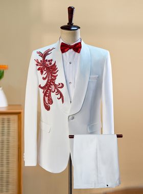 白色手工花西服歌手演出服司仪主持男士合唱舞台礼服男装西装套装