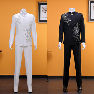 黑白中山装演出服男中式礼服大码套装学生青年老年合唱团舞台服装