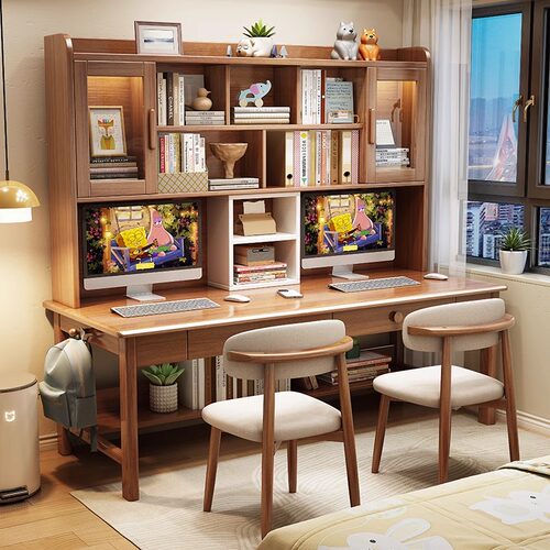 赵匠世家实木双人书桌书架书柜一体学生家用学习桌卧室办公电脑桌