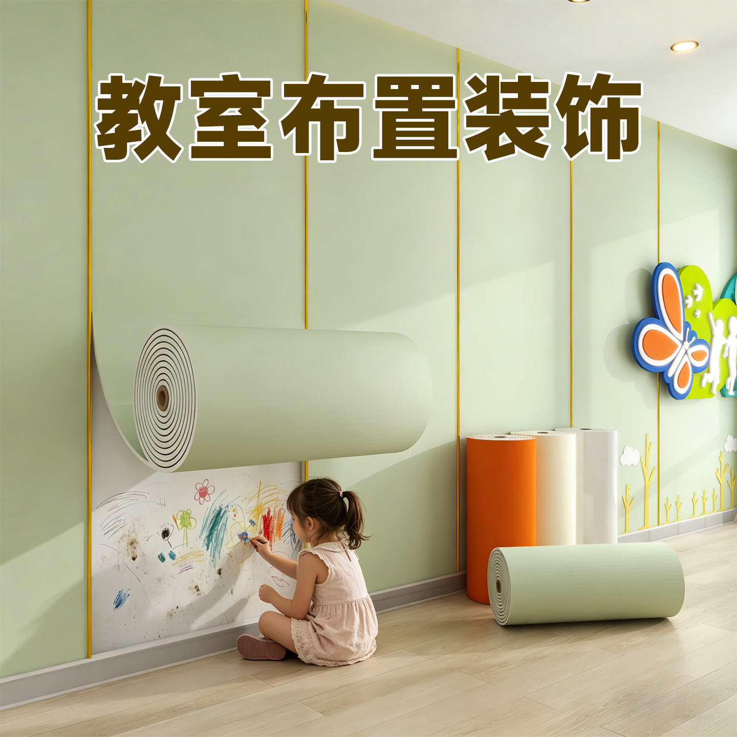 托管班教室墙纸儿童防撞墙贴壁纸自粘防水可擦洗墙布遮丑装饰墙贴