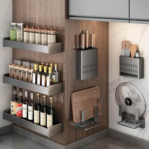 厨房置物架壁挂式免打孔枪灰家用调味料刀架挂架多功能收纳调料架