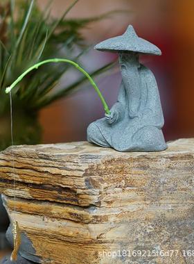 姜太公钓鱼假山水景摆件流水人物生态鱼缸内装饰品渔翁微景观造景