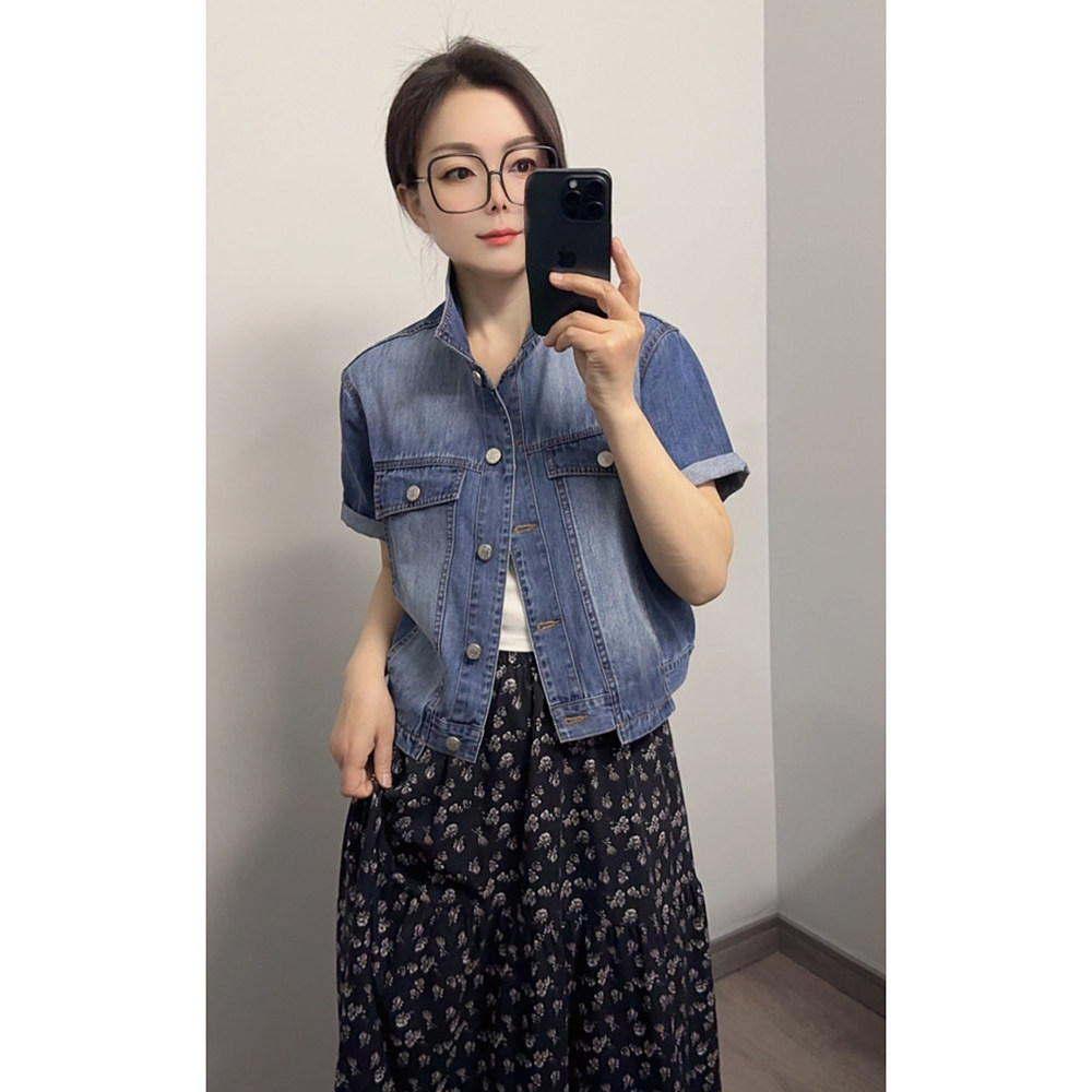 夏季新款水洗翻领单排扣短袖牛仔外套女轻奢小个子高腰上衣薄款