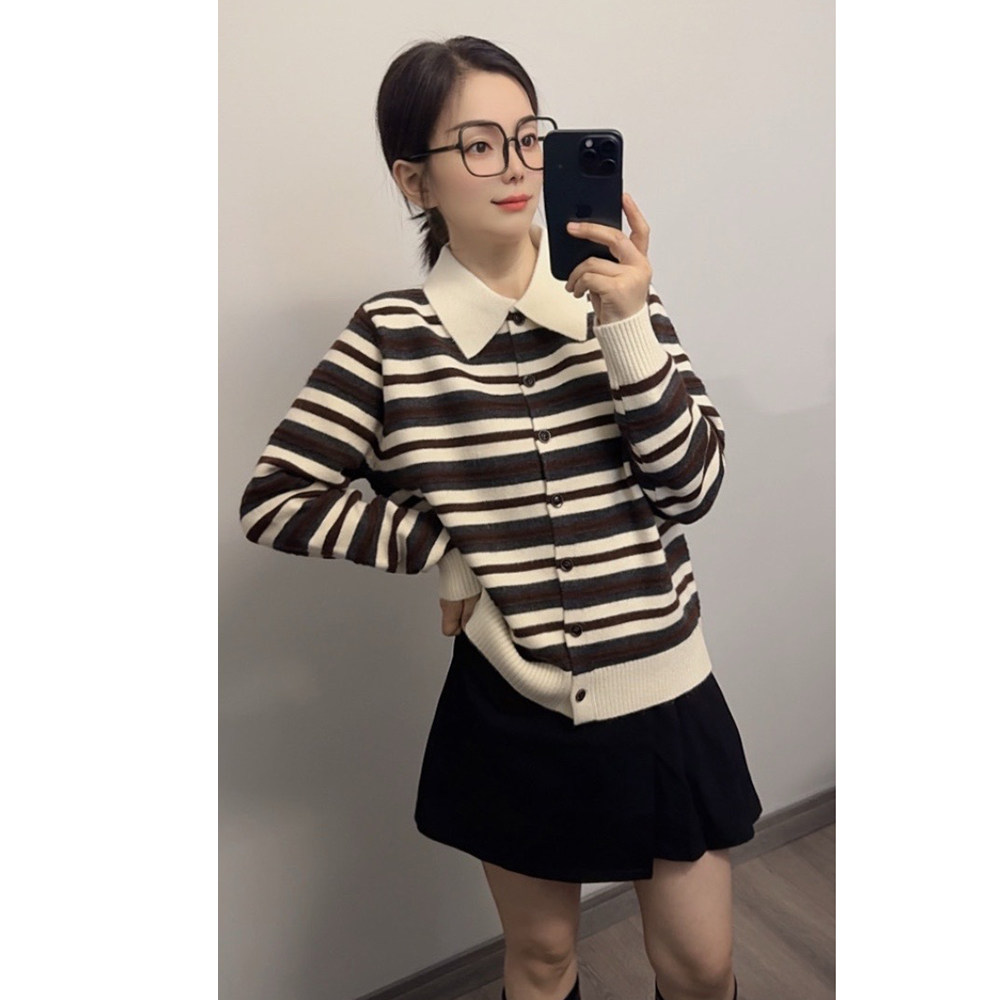 韩系复古撞色条纹针织开衫女秋季翻领显瘦百搭毛衣时髦百搭毛衣