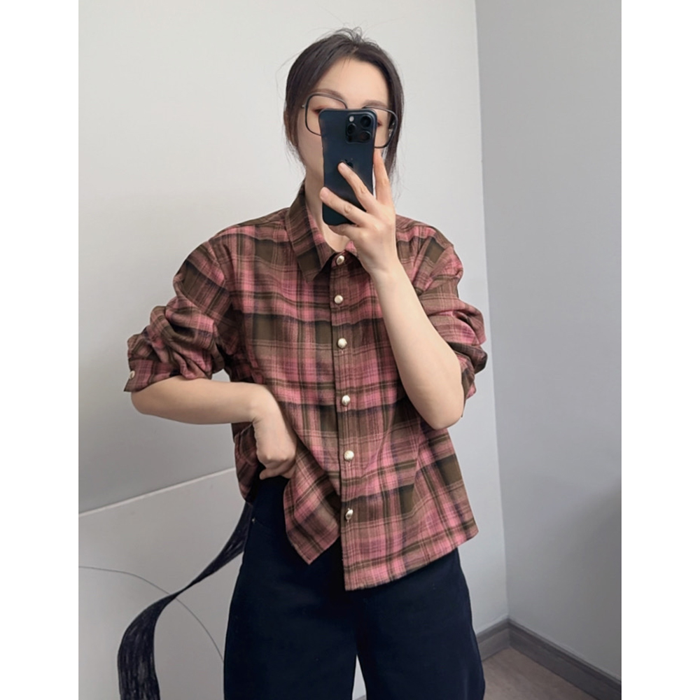 小个子韩系格子POLO衬衫磨毛格子宽松型短款秋冬打底显瘦长袖衬衣