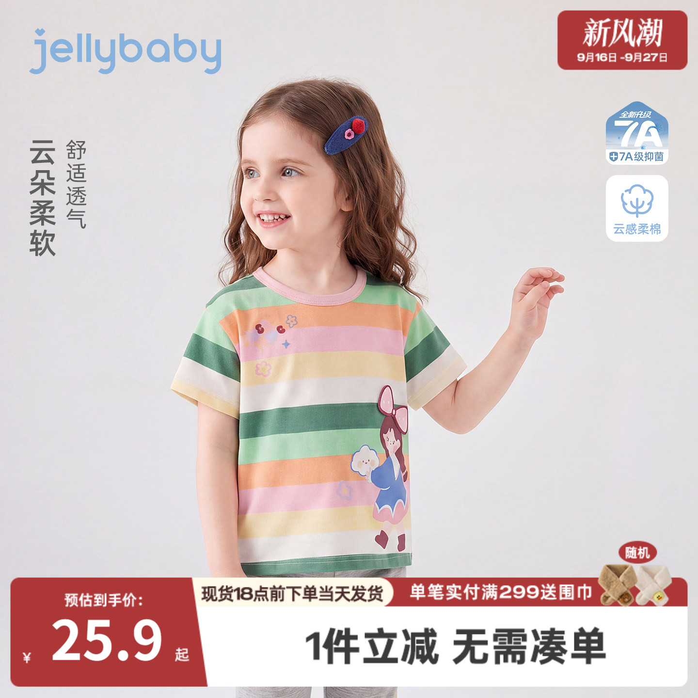 杰里贝比女童彩色短袖儿童条纹上衣小童夏装2026夏季薄款宝宝衣服