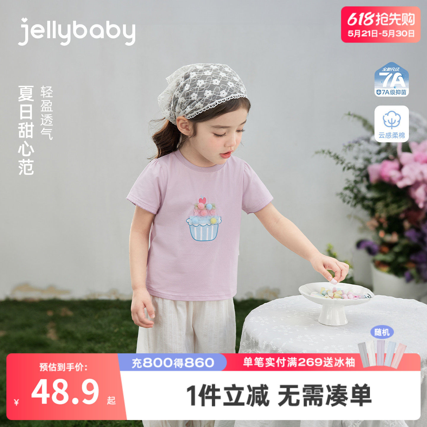 jellybaby女童圆领t恤2026夏季儿童夏装甜美宝宝上衣薄款小童短袖