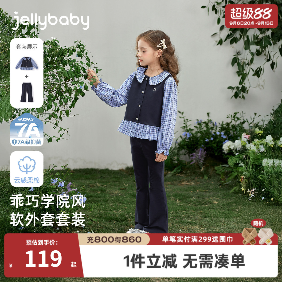 7A抑菌女童条纹微喇裤两件套图片