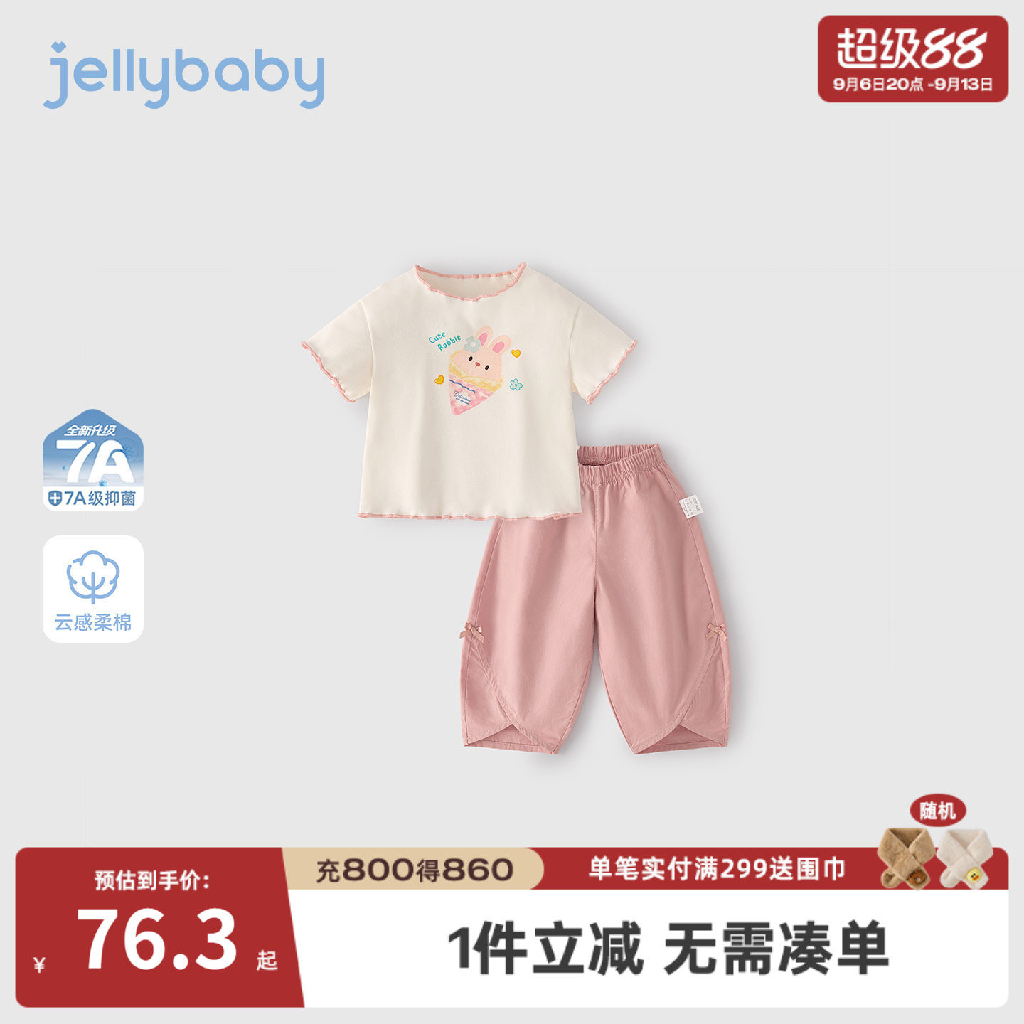 jellybaby女童套装夏季小童印花t恤女宝宝长裤薄款休闲儿童两件套