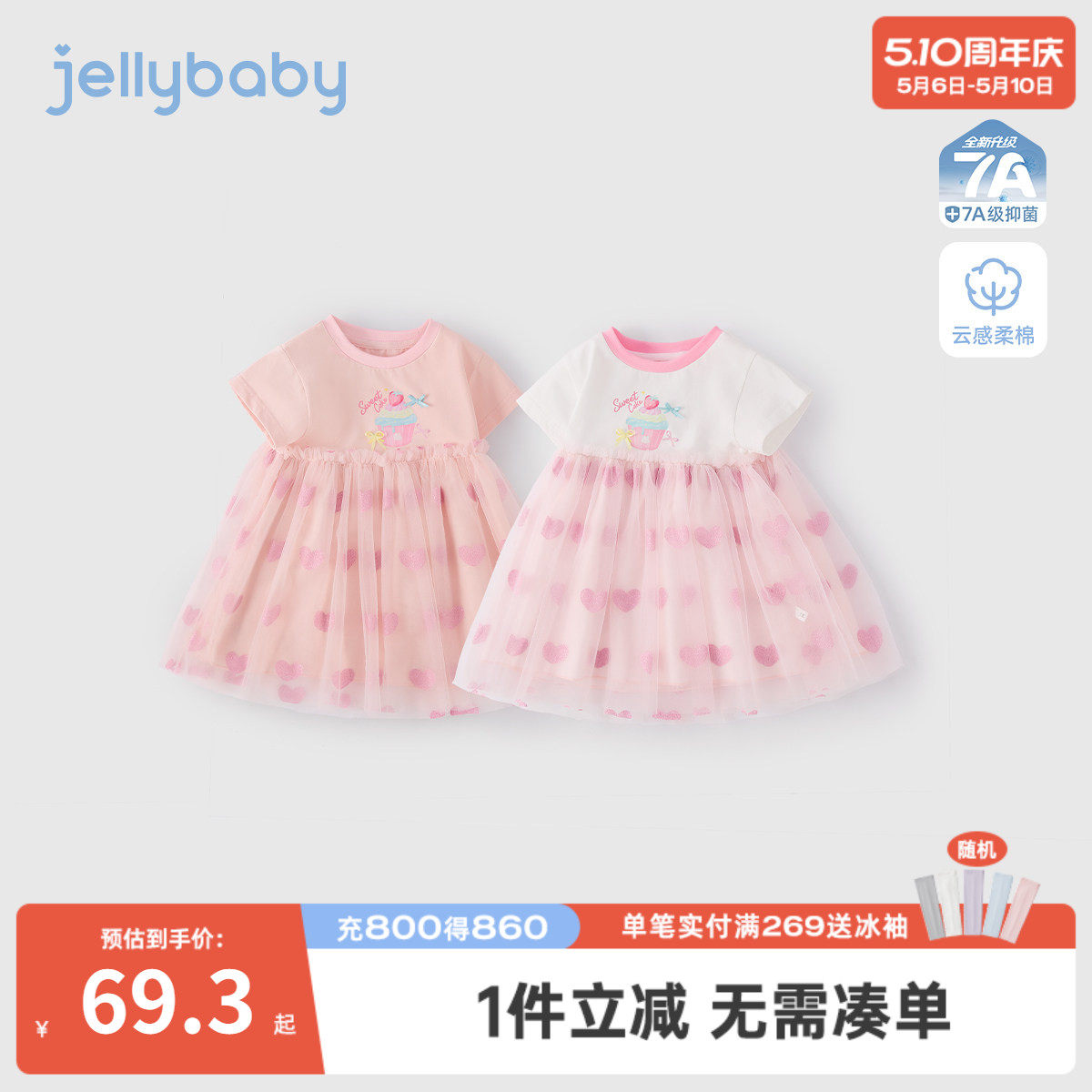 女童连衣裙拼接网纱裙2026新款夏款短袖印花裙子薄款日常公主裙