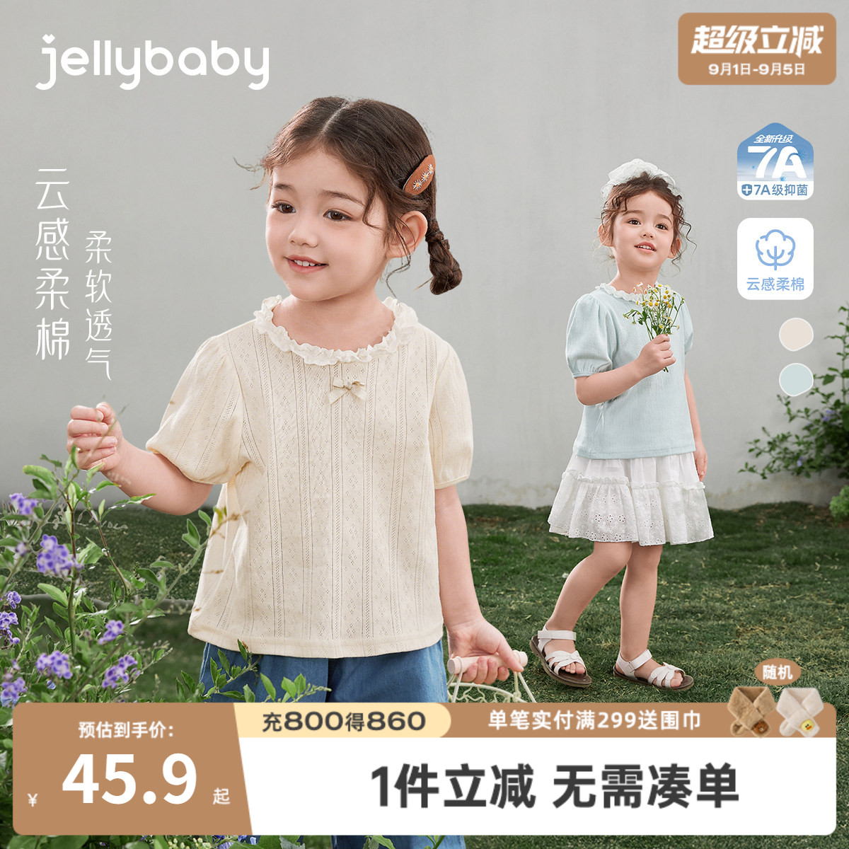 女童夏季纯棉法式花边短袖T恤图片