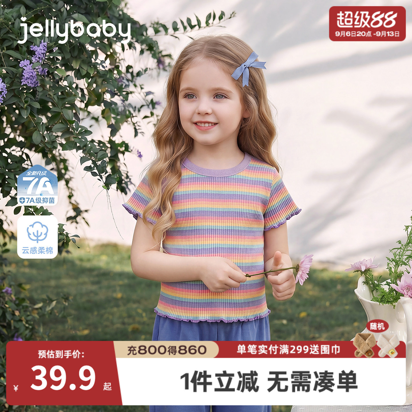 jellybaby女童条纹短袖T恤夏季