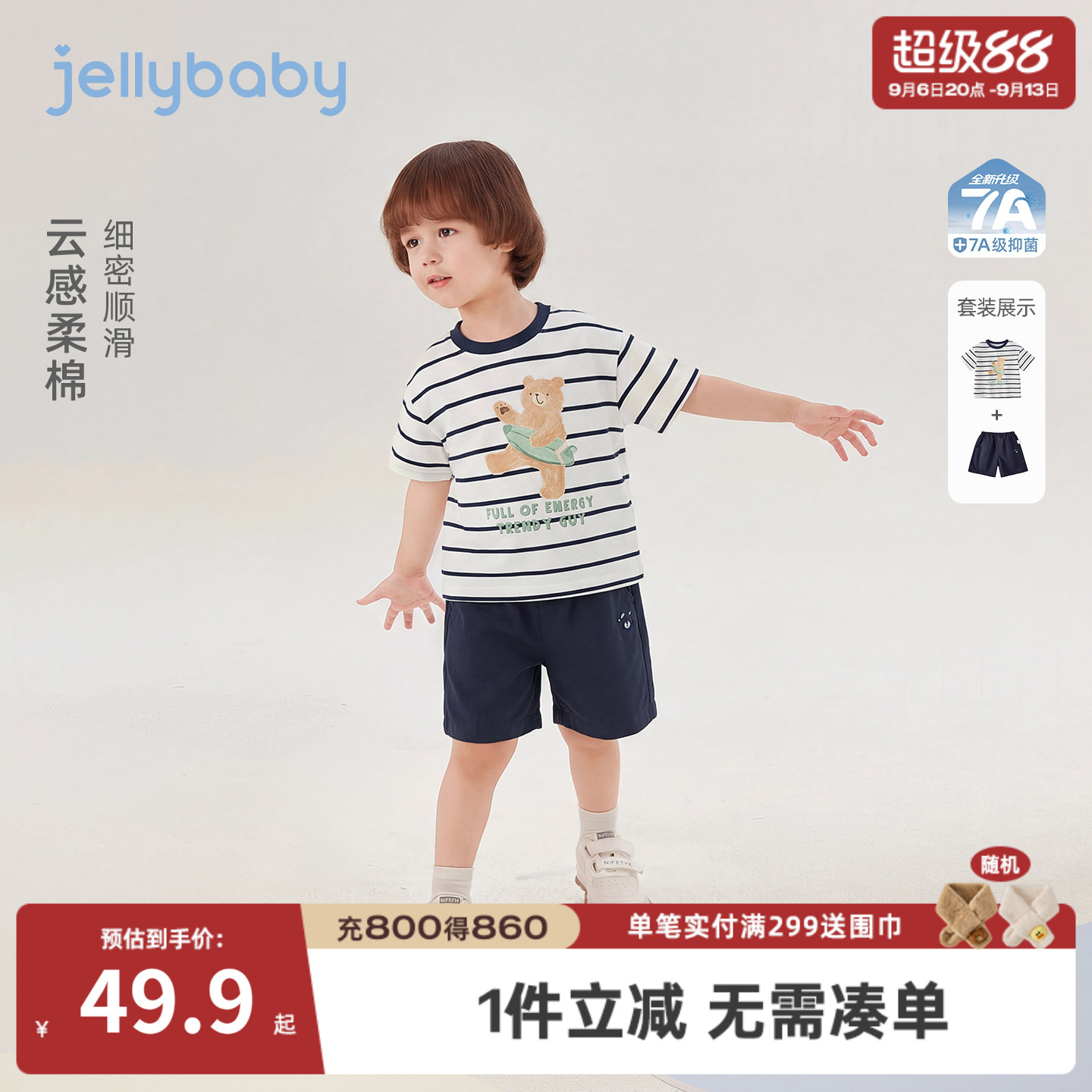 男童夏季运动风条纹T恤短裤套装图片