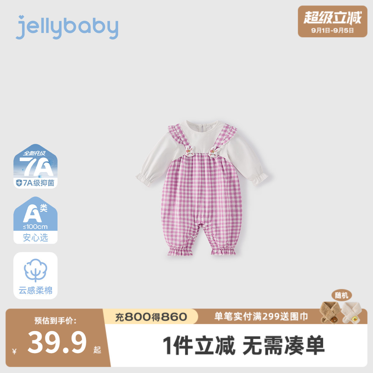 [7A抑菌]婴幼儿假两件爬服秋季新款女宝宝哈衣格纹秋新生儿连衣服图片