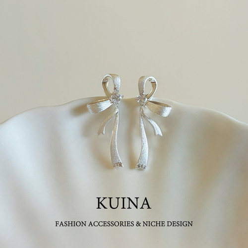 银色拉丝飘带蝴蝶结耳环耳饰女