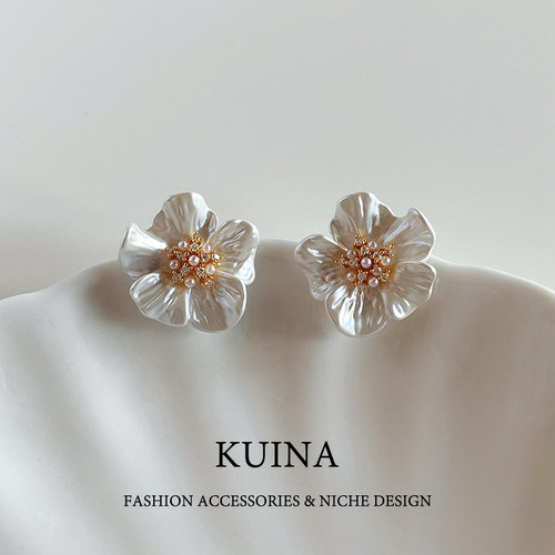 珐琅花朵珍珠耳钉女士耳环耳饰品