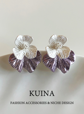 绝美气质紫色珐琅花朵纯银针耳环女轻奢高级感耳钉独特漂亮耳饰品