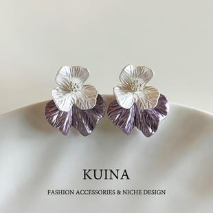 绝美气质紫色珐琅花朵纯银针耳环女轻奢高级感耳钉独特漂亮耳饰品