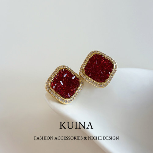 新款红色水晶方形耳钉女