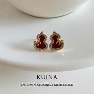 玄学旺财耳环女精致小巧葫芦耳钉气质蝴蝶结高级感新年红色耳饰品