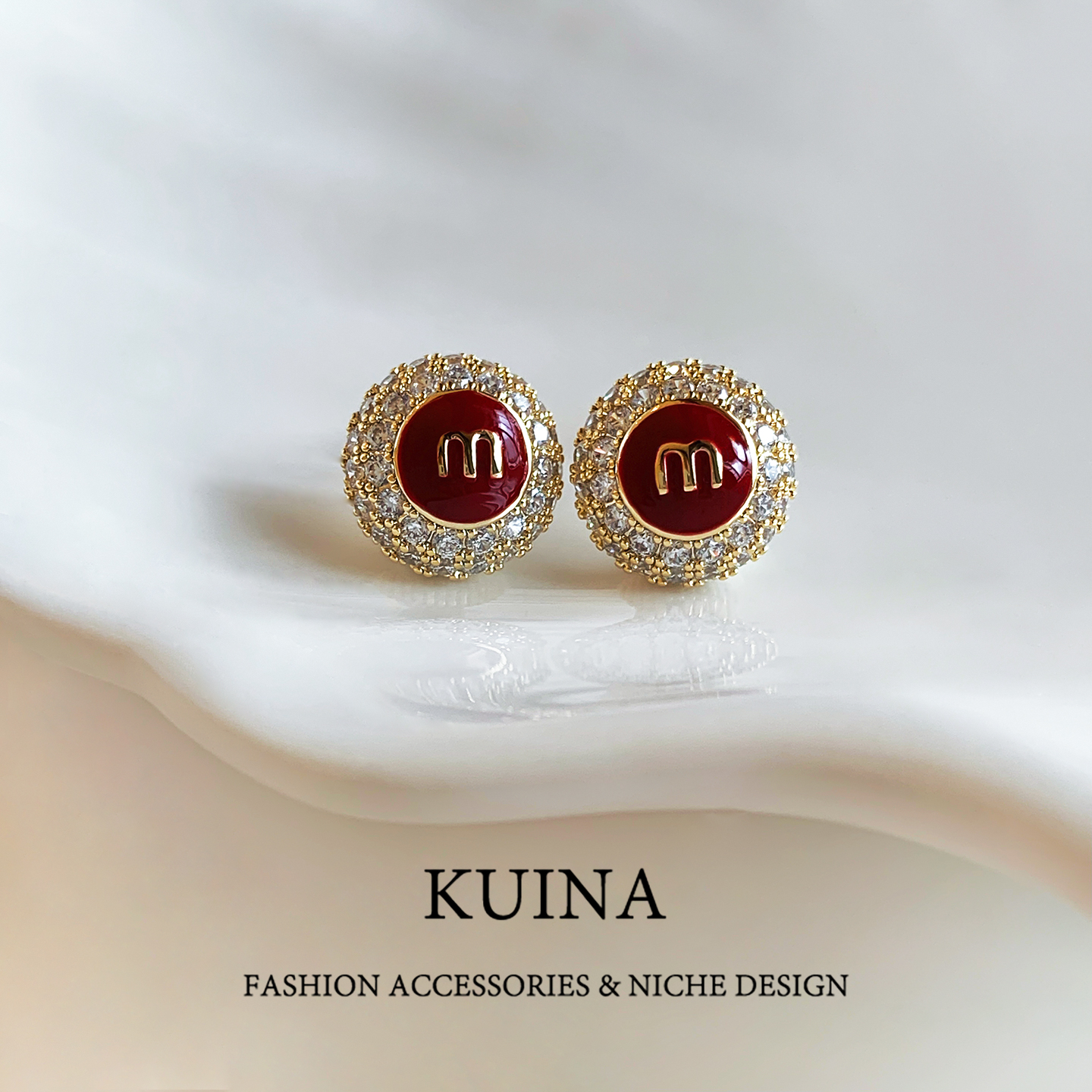 红色珐琅M豆耳钉女精致轻奢复古