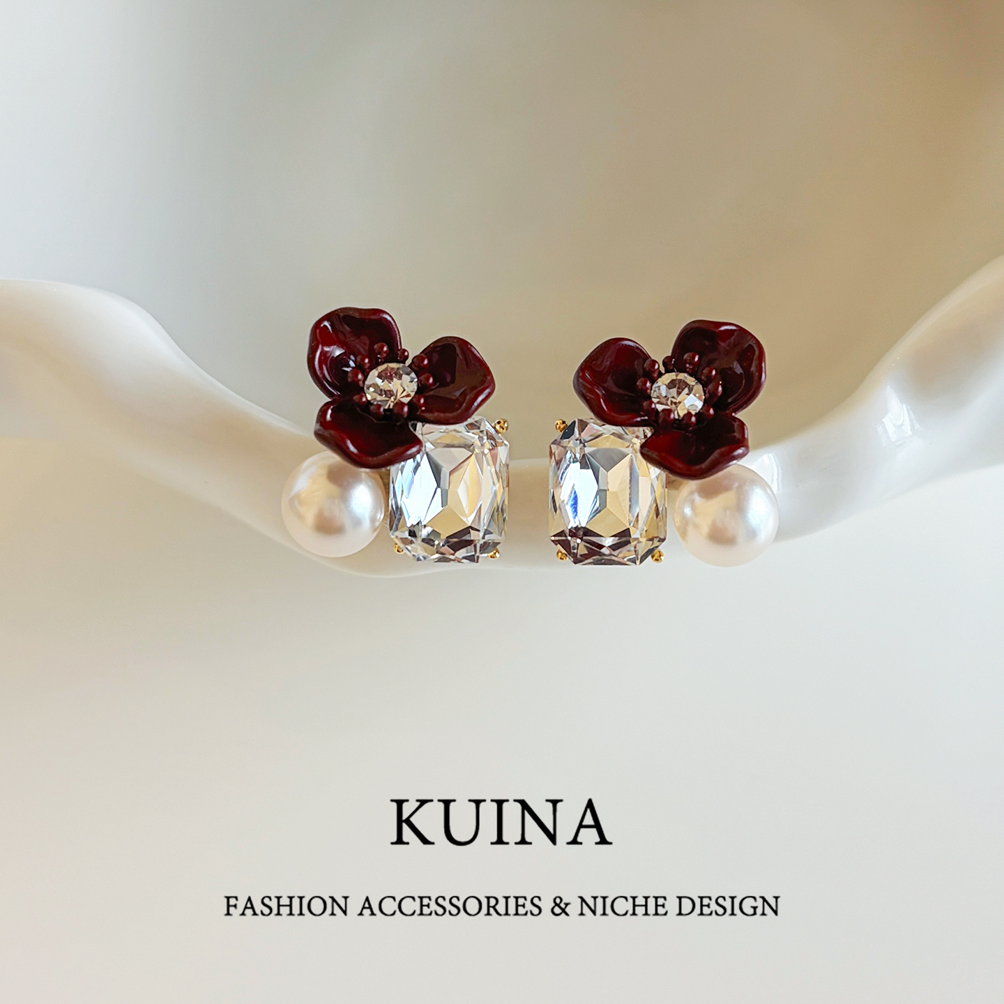 红色珐琅花朵珍珠耳钉女新款