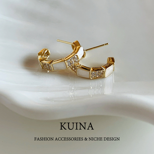 超闪镶钻贝母耳环圈圈高级感轻奢纯银针耳钉女小众独特金色耳饰品