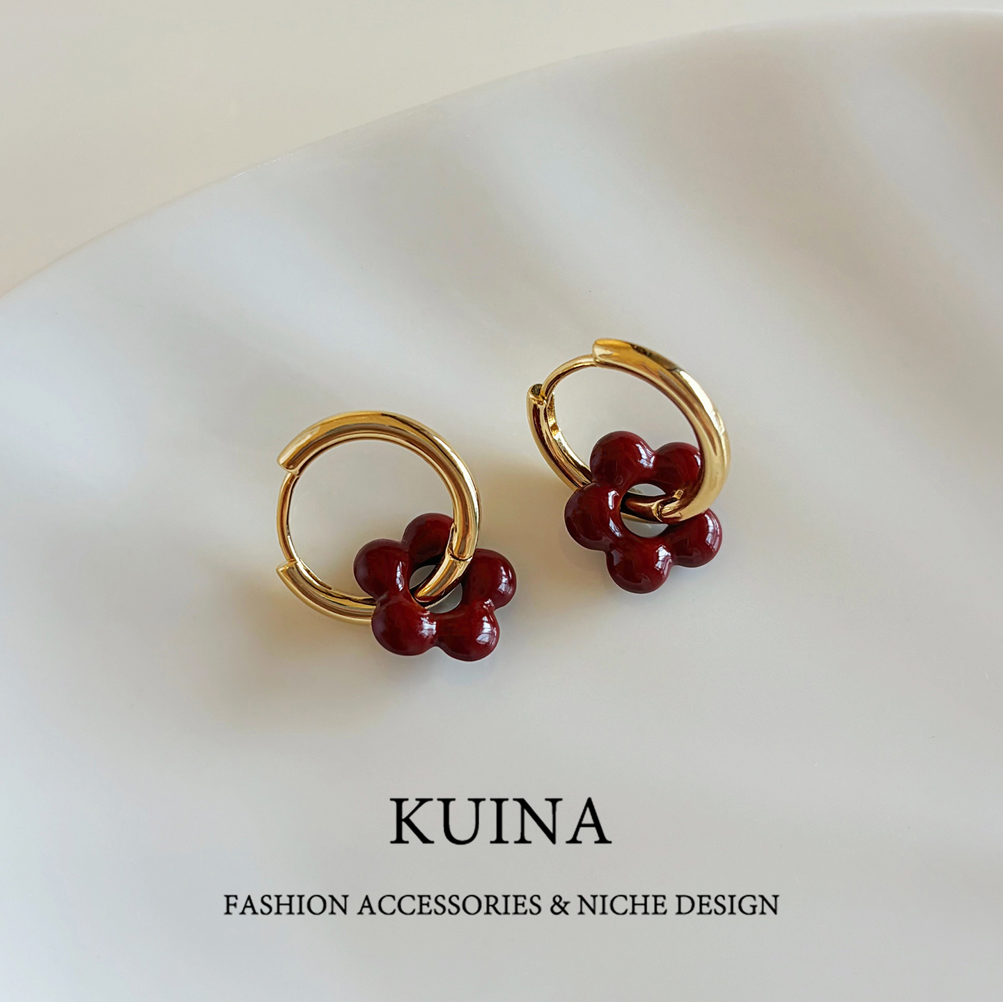 复古红色珐琅花朵耳环女高级感