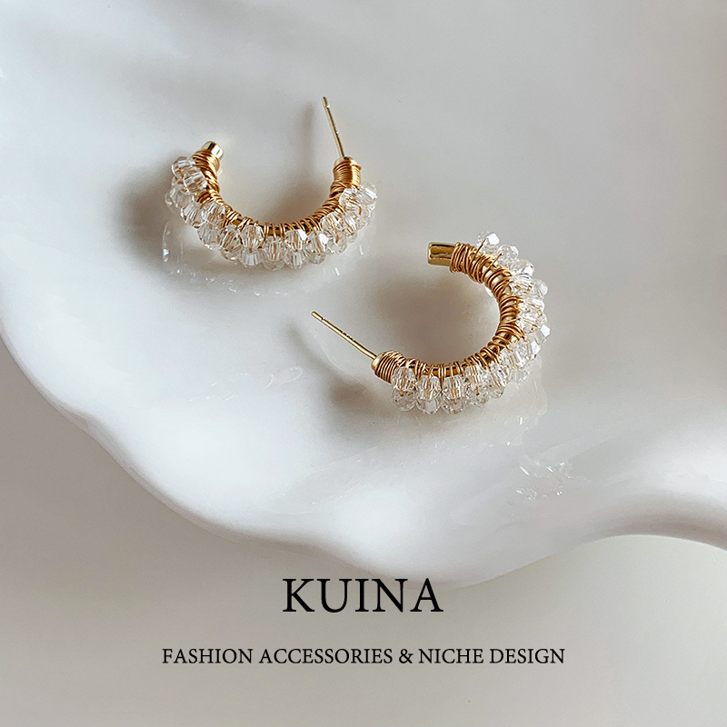 水晶耳环圈圈女纯银针耳钉耳饰品