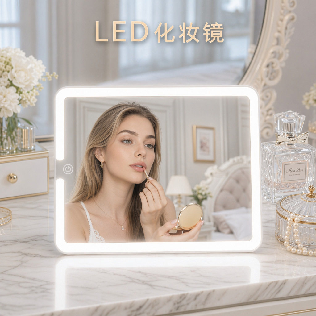 定制化妆镜子带灯化妆包外出随身携带大容量便携化妆品收纳箱镜子