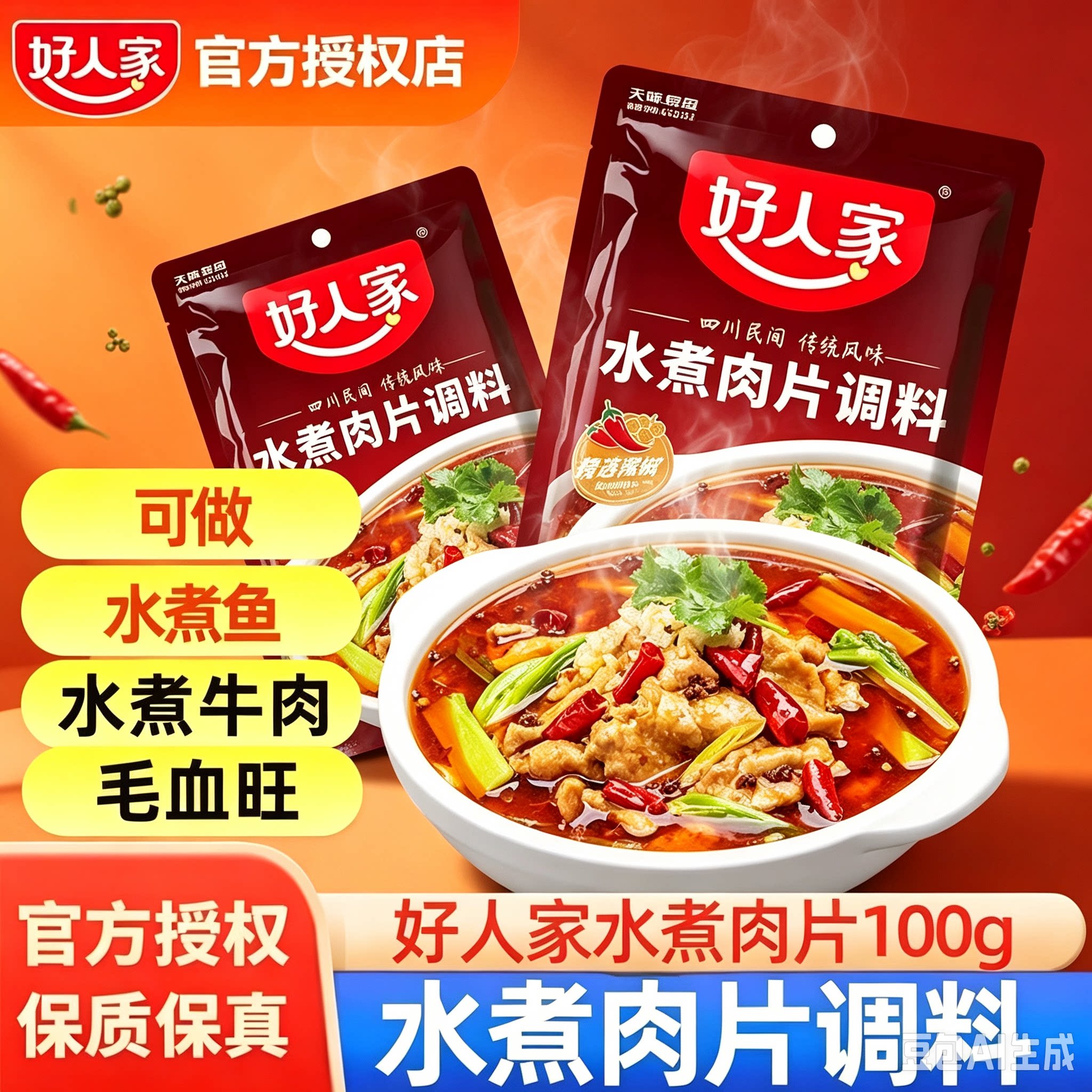 好人家水煮肉片调料100g川菜四川麻辣鱼虾牛肉牛蛙调味料包家用