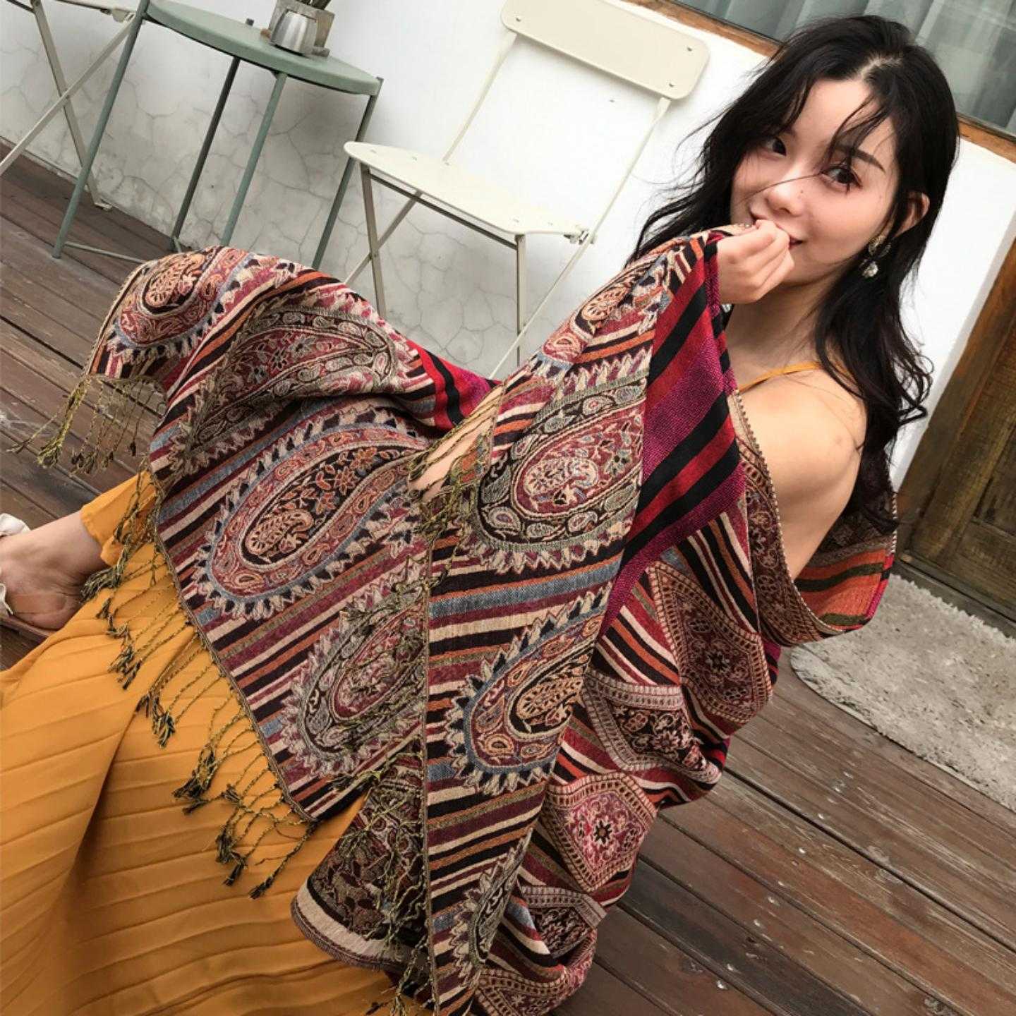 民族风长巾尼泊尔大提花流苏腰果女士披肩围巾两用民族风
