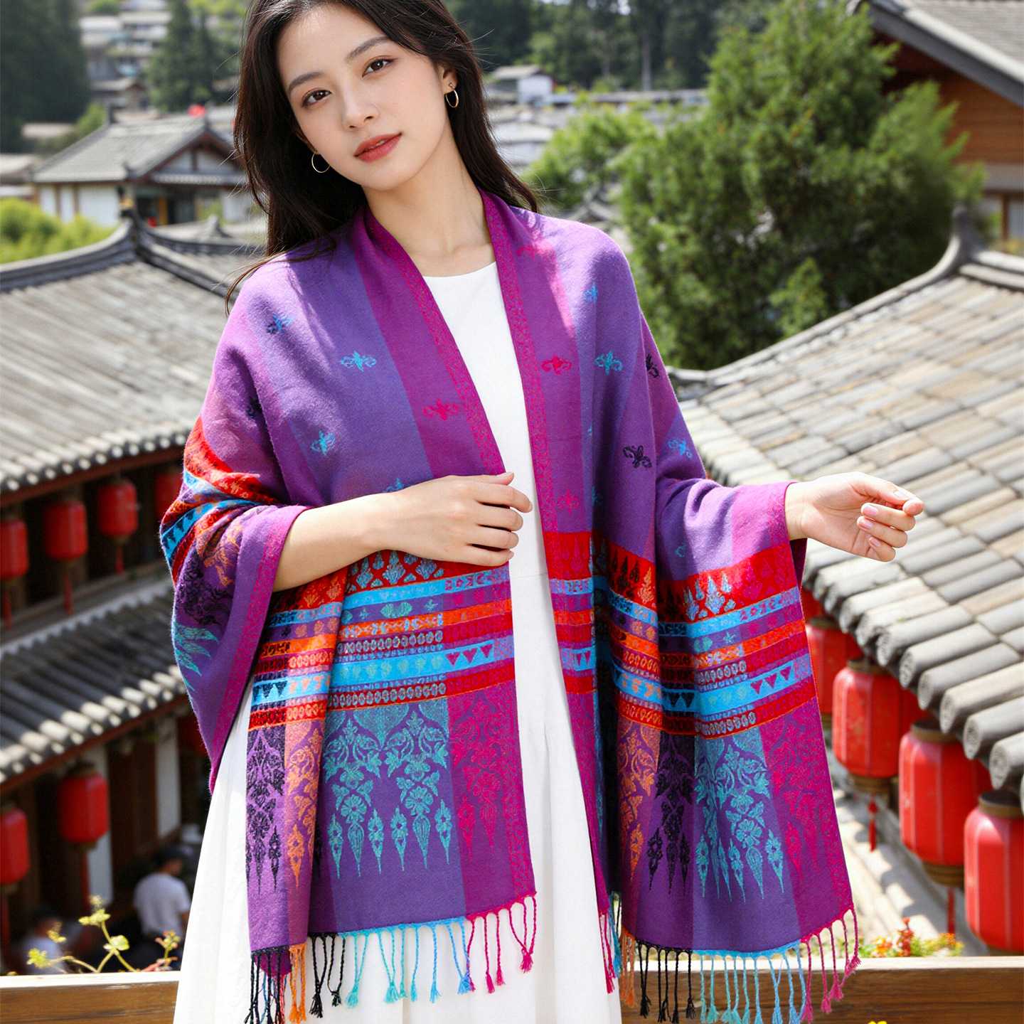 旅拍景区打卡民族风大披肩围巾两用提花流苏春夏长款棉围巾女