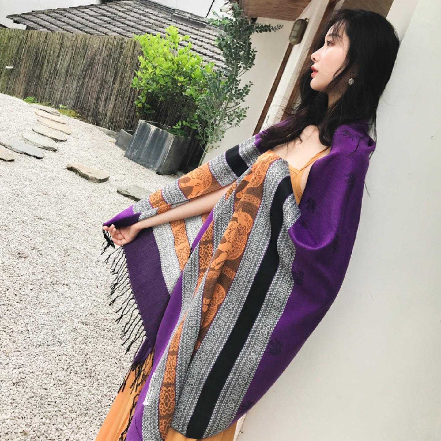 泰国大象款尼泊尔超大提花流苏棉麻女士披肩围巾两用民族风