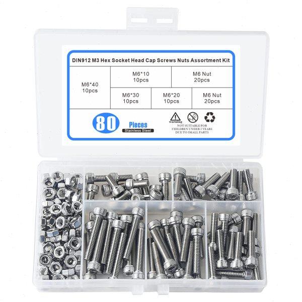 80pcs盒装 M6杯头螺丝螺母304不锈钢螺钉套装 圆柱内六角头螺丝,五金/工具,螺钉,淘宝优惠券,粉丝福利购,淘宝优惠卷