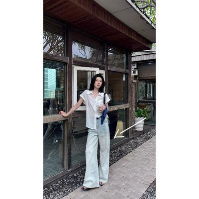 浅蓝色水洗阔腿做旧牛仔裤新款高腰直筒裤浅色女夏薄款拖地裤长裤