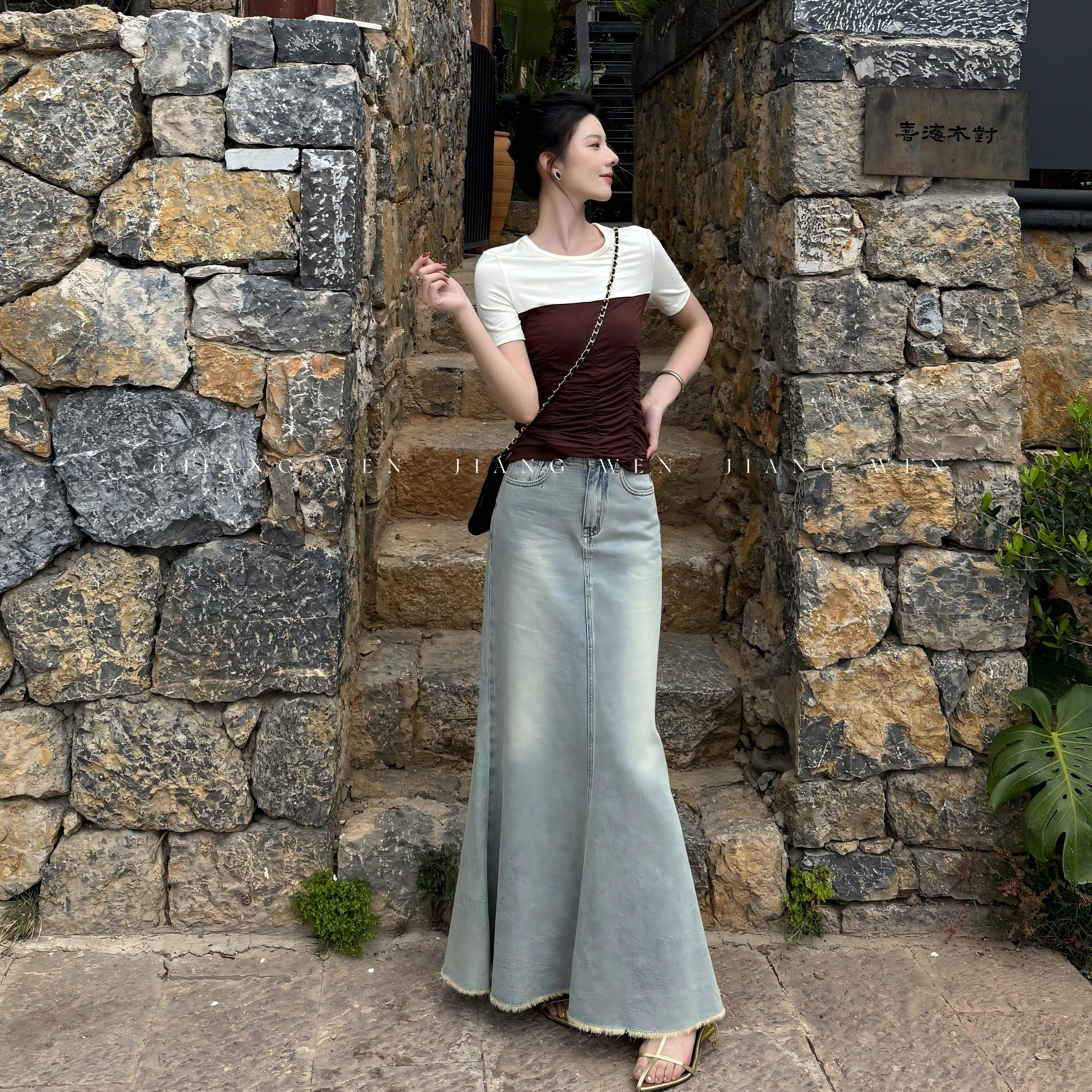 牛仔鱼尾裙包臀半身裙长款连衣裙浅色水洗浅蓝色春夏季2025新款