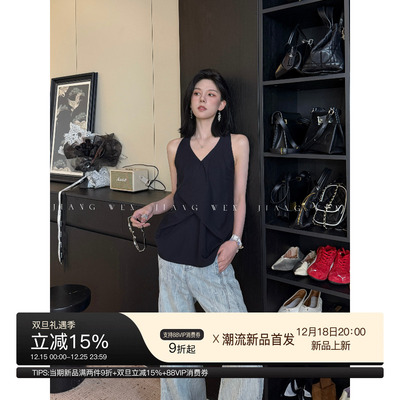 演唱会穿搭吊带黑色小众设计感上衣女夏外穿无袖v领背心飘带高级