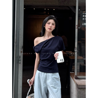 斜肩条纹上衣藏青色美式t恤宽松短袖高级感2025新款独特漂亮夏日
