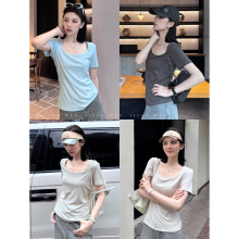 姜雯天丝大U领口多色T恤莱赛尔白色短袖冰丝薄款女夏收腰修身显瘦