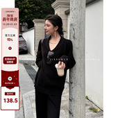 两件套女冬季 慵懒气质v领针织毛衣微喇休闲裤 黑色老钱风套装 姜雯